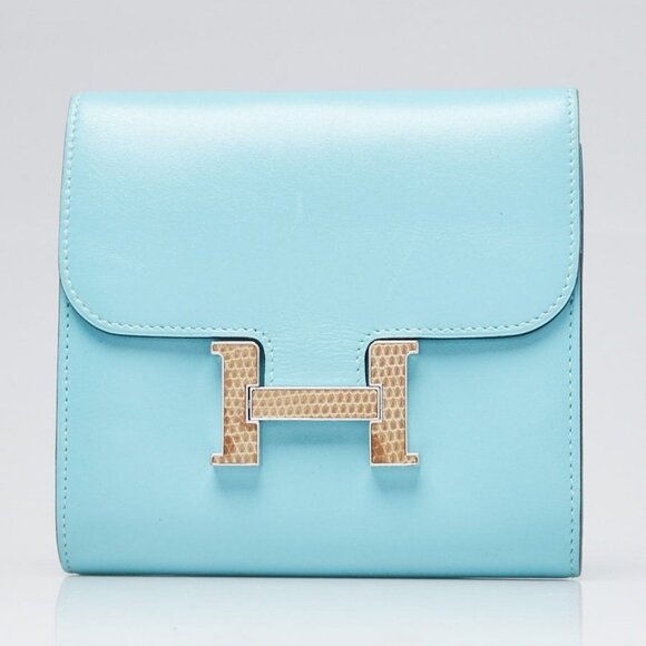 Hermes Blue Atoll Tadelakt Leather and Lizard Constance H Compact Wallet - Picture 1 of 11